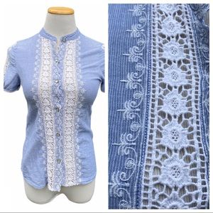 Maple by Anthro Chambray and Lace Embroidered Top